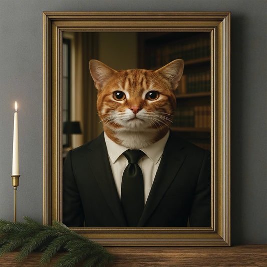 Custom Photo Business man Ceo Cat Canvas Framed Wall Art Gift For Cat Lovers