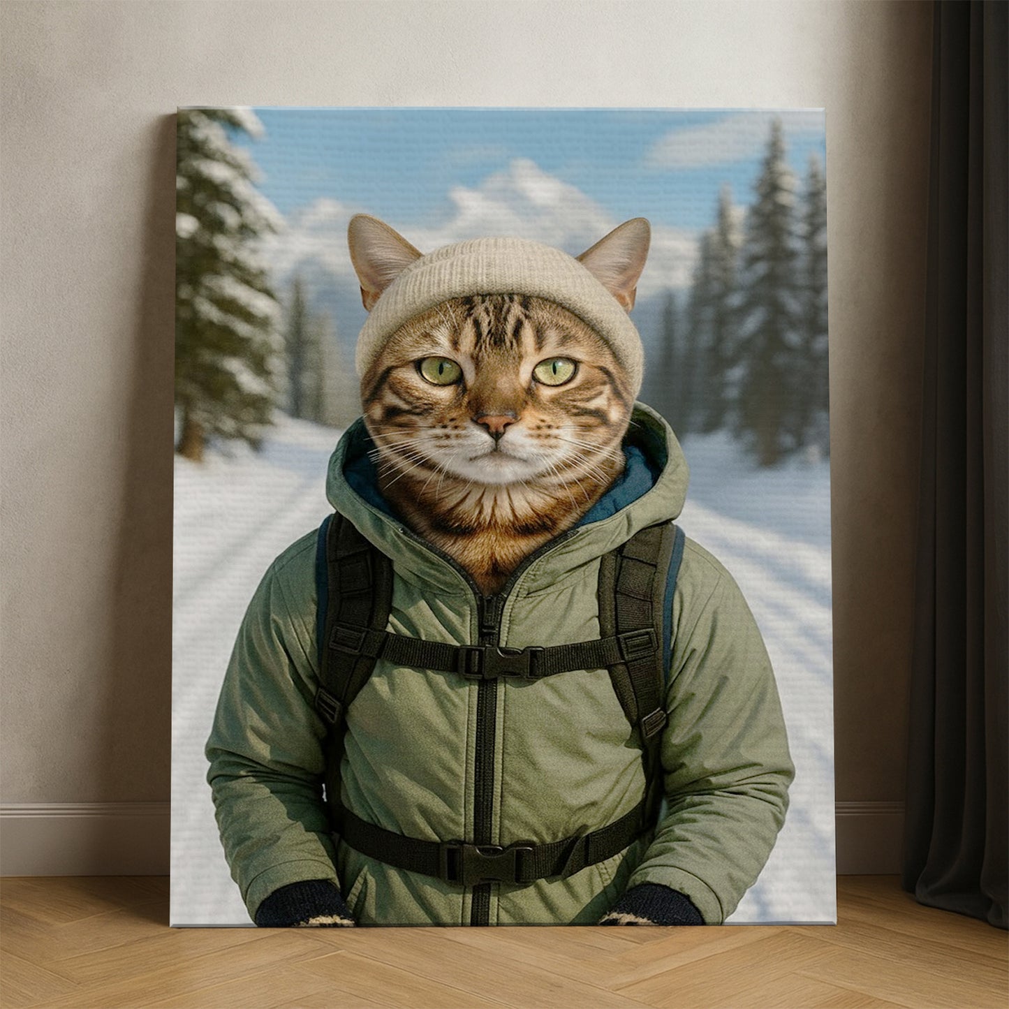 Custom Photo Winter Hiker Cat Canvas Gift For Cat Lovers