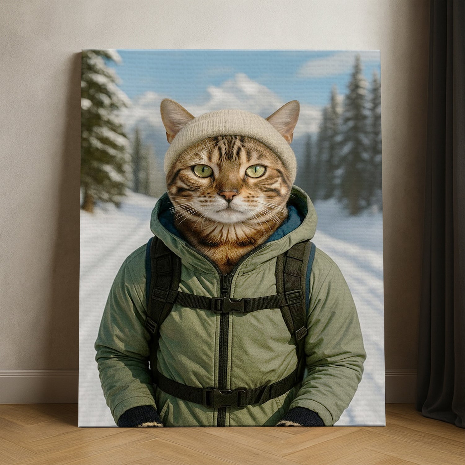 Custom Photo Winter Hiker Cat Canvas Gift For Cat Lovers