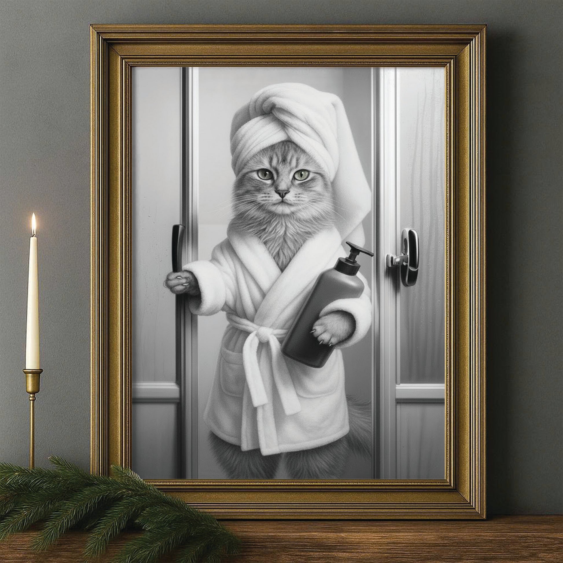 Custom Photo Cat Bathrobe Bathroom Canvas Framed Wall Art Gift For Cat Lovers