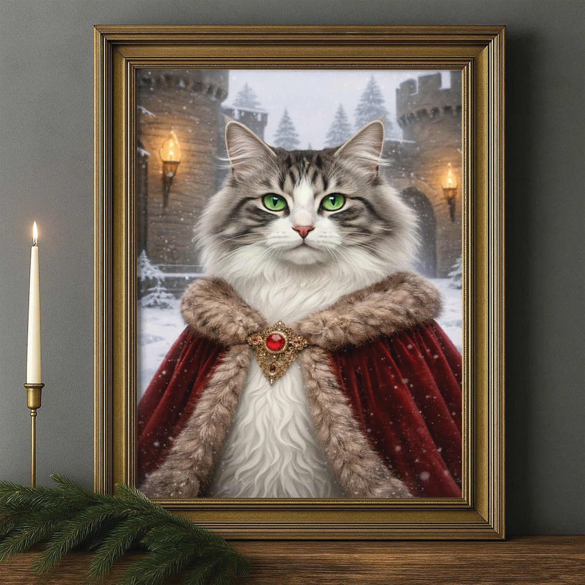 Custom Photo Winter King Royal Canvas Framed Wall Art Gift For Cat Lovers