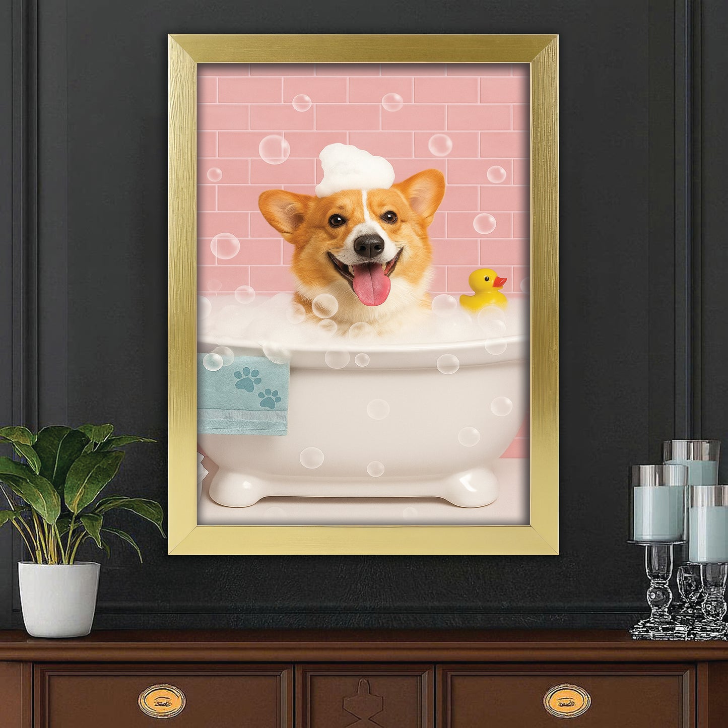 Custom Photo Dog In Bath Canvas Framed Wall Art Gift For Dog Lovers