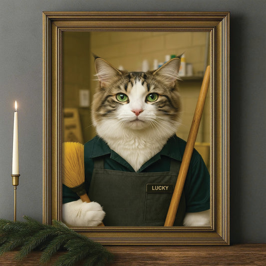 Custom Photo Janitor Cat Canvas Framed Wall Art  Gift For Cat Lovers