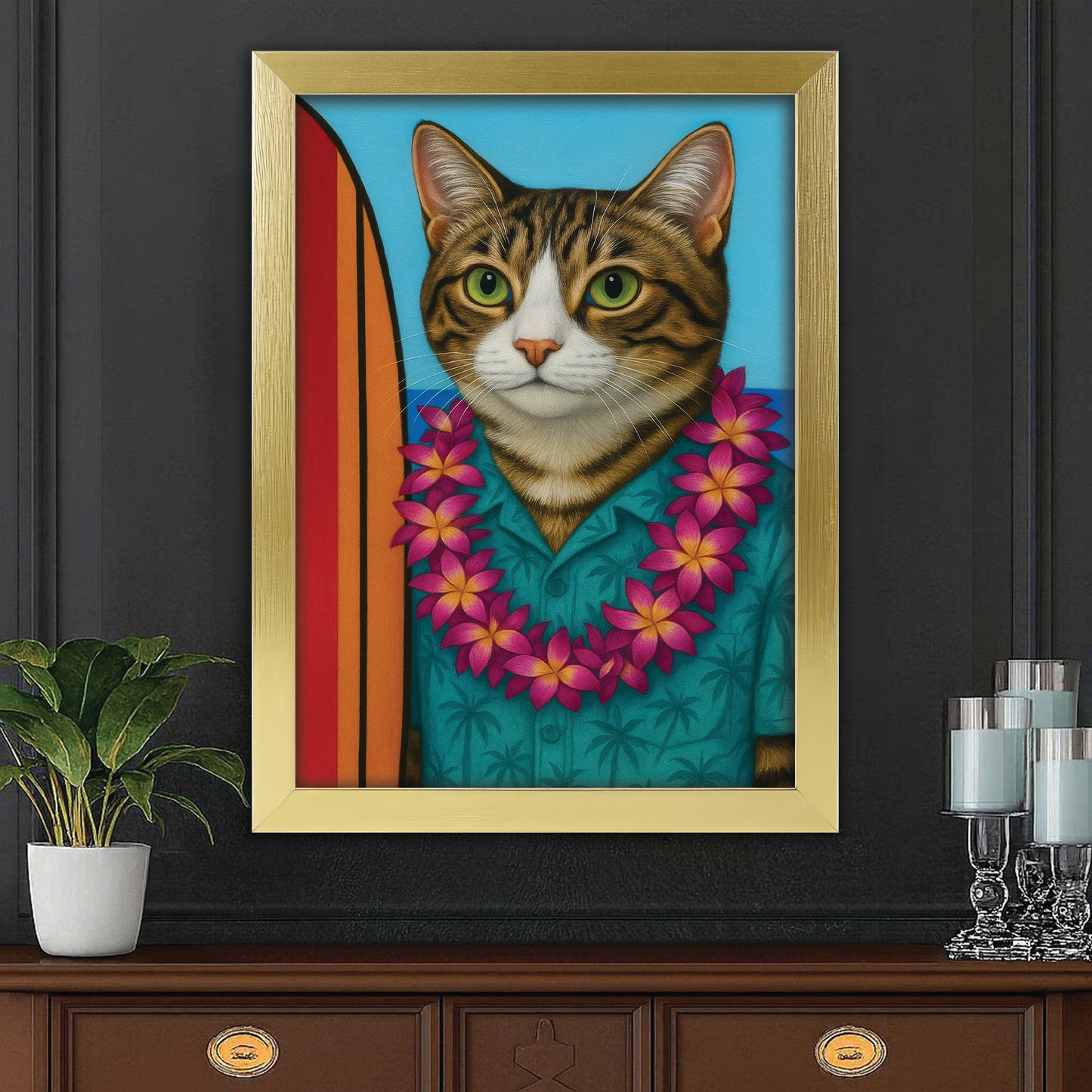 Custom Photo Surfer Cat Canvas Framed Wall Art Gift For Cat Lovers