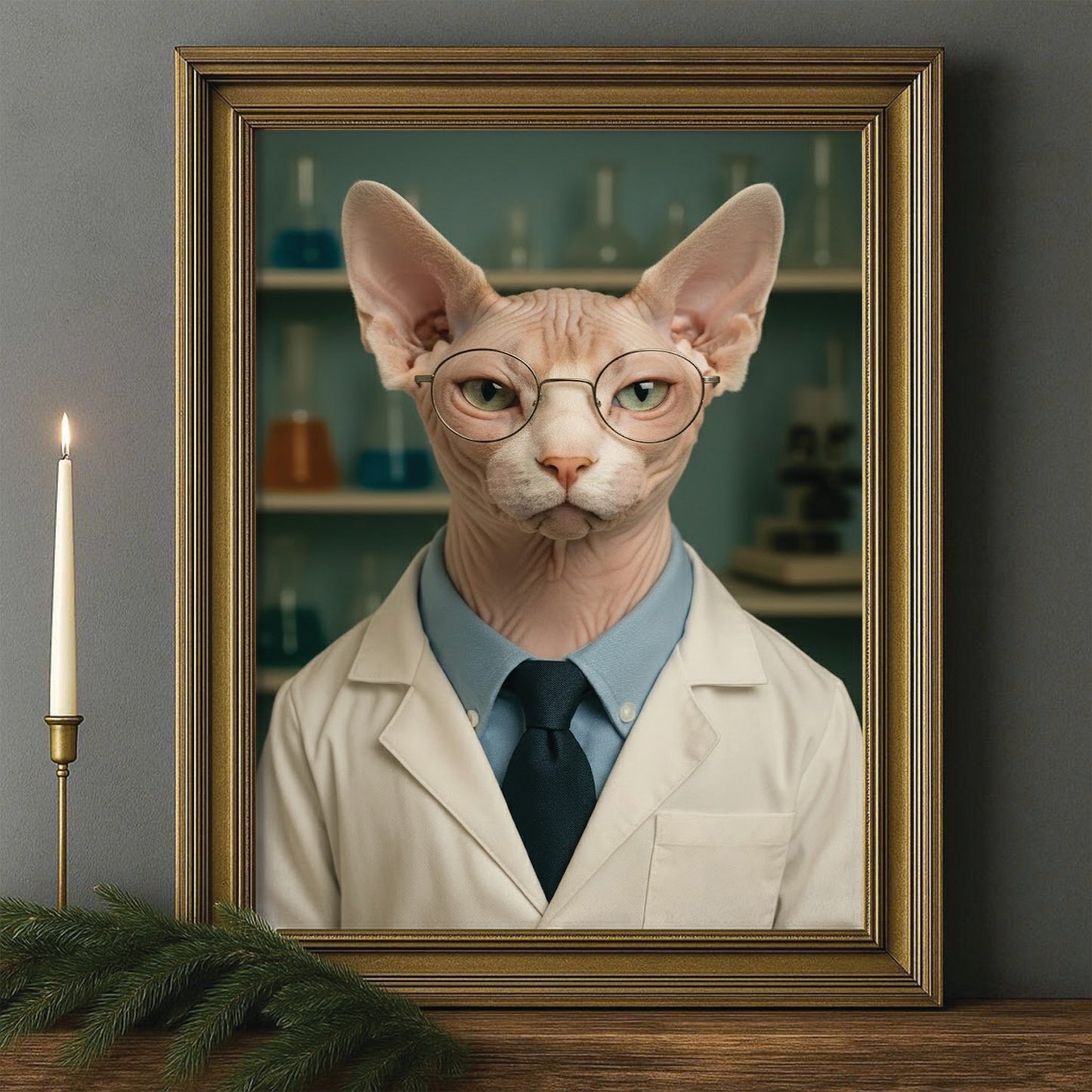 Custom Photo Scientist Cat Canvas Framed Wall Art Gift For Cat Lovers