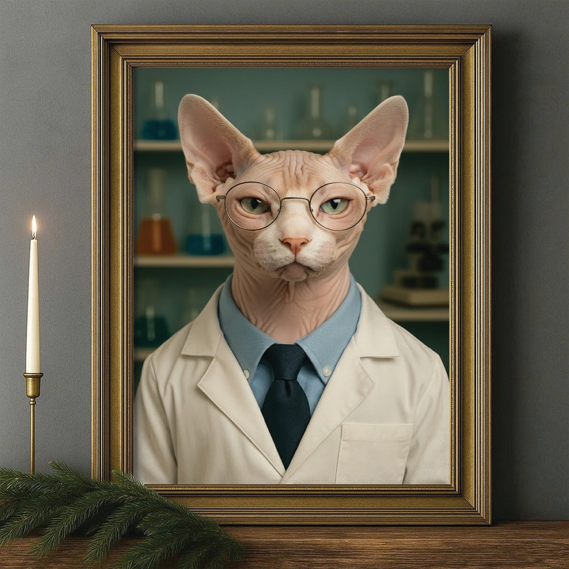 Custom Photo Scientist Cat Canvas Framed Wall Art Gift For Cat Lovers