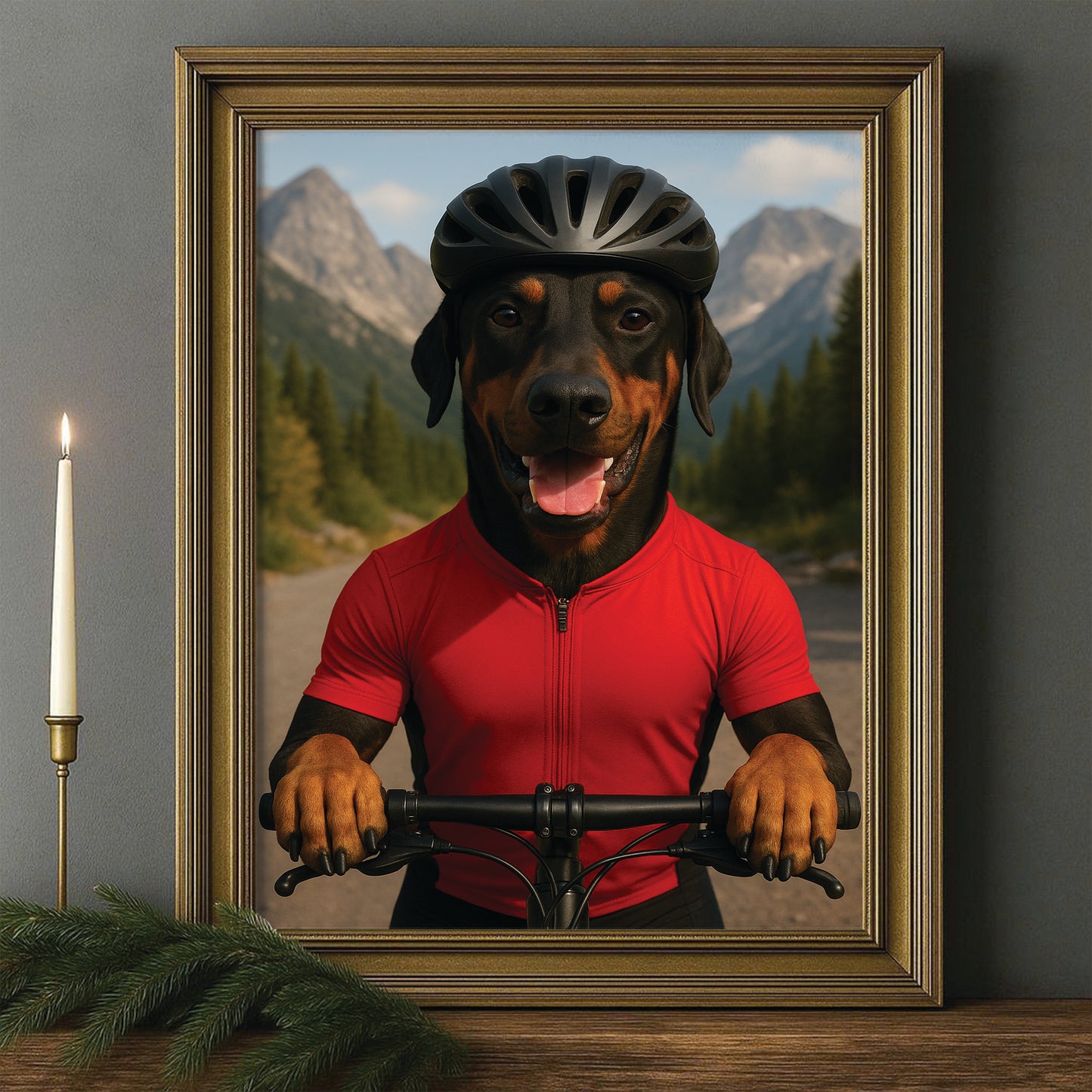Custom Photo Cyclist Dart Bike Dog Canvas Framed Wall Art Gift For Dog Lovers