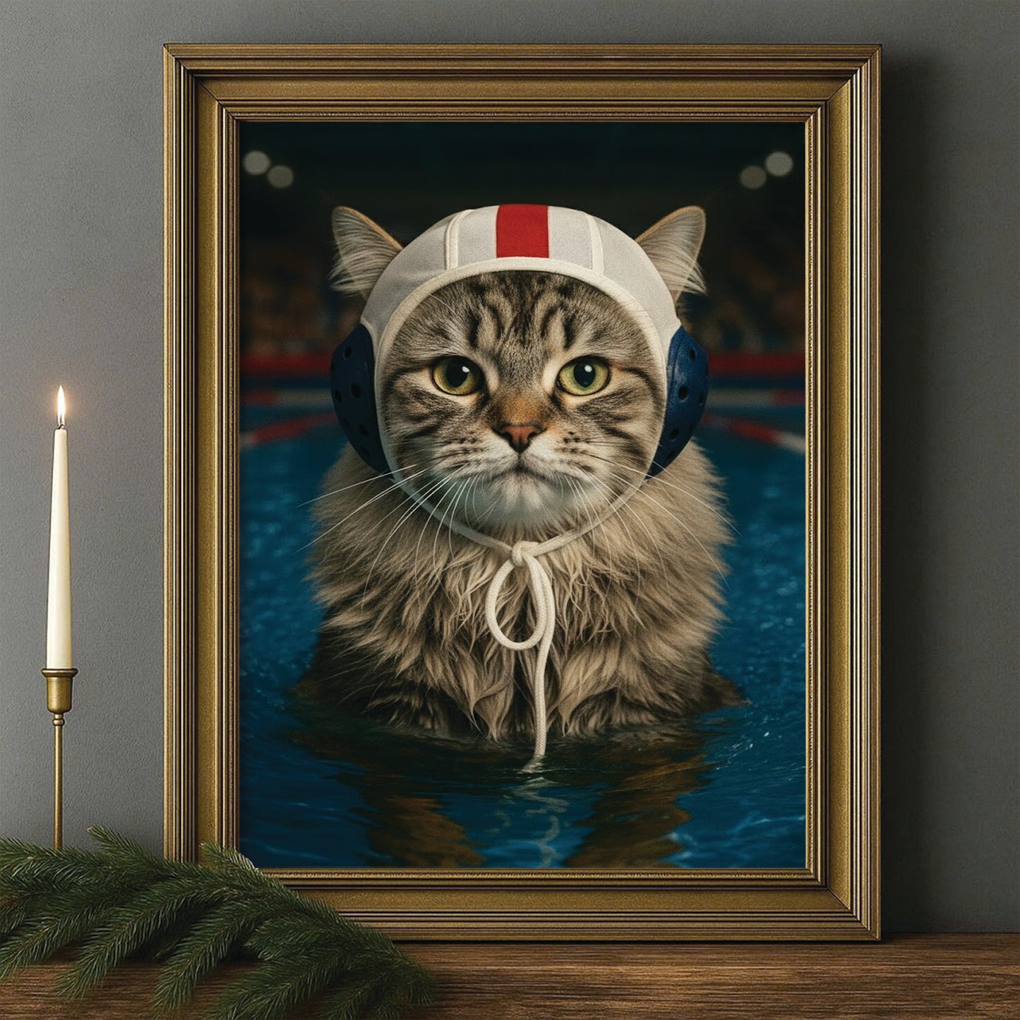 Custom Photo Swimmer Cat Canvas Framed Wall Art Gift For Cat Lovers