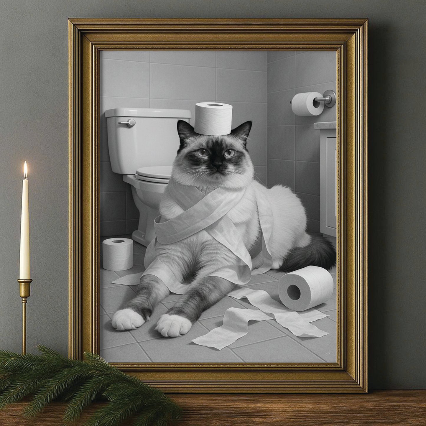 Custom Photo Cat Bathroom Style 16 Canvas Framed Wall Art Gift For Cat Lovers