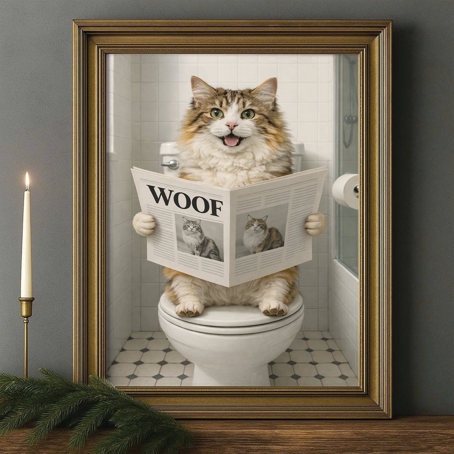 Custom Photo Cat Bathroom Style 6 Canvas Framed Wall Art Gift For Cat Lovers