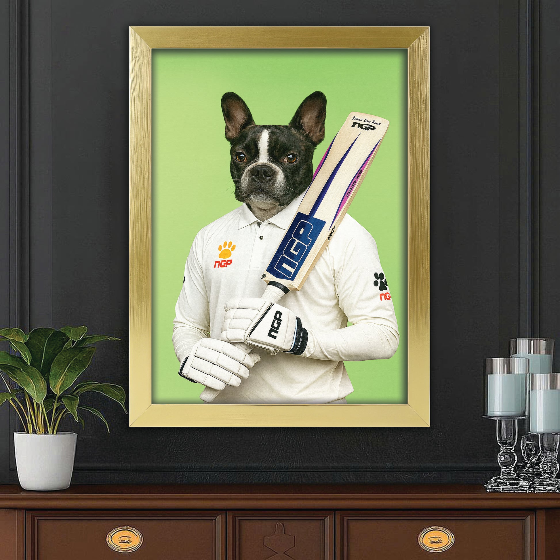 Custom Photo Cricketer Dog Canvas Framed Wall Art Gift For Dog Lovers
