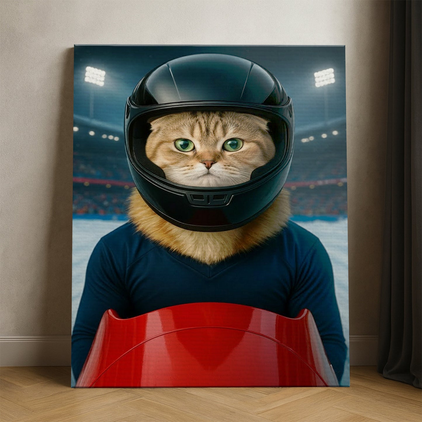 Custom Photo Bobsled Winter Race Cat Canvas Gift For Cat Lovers