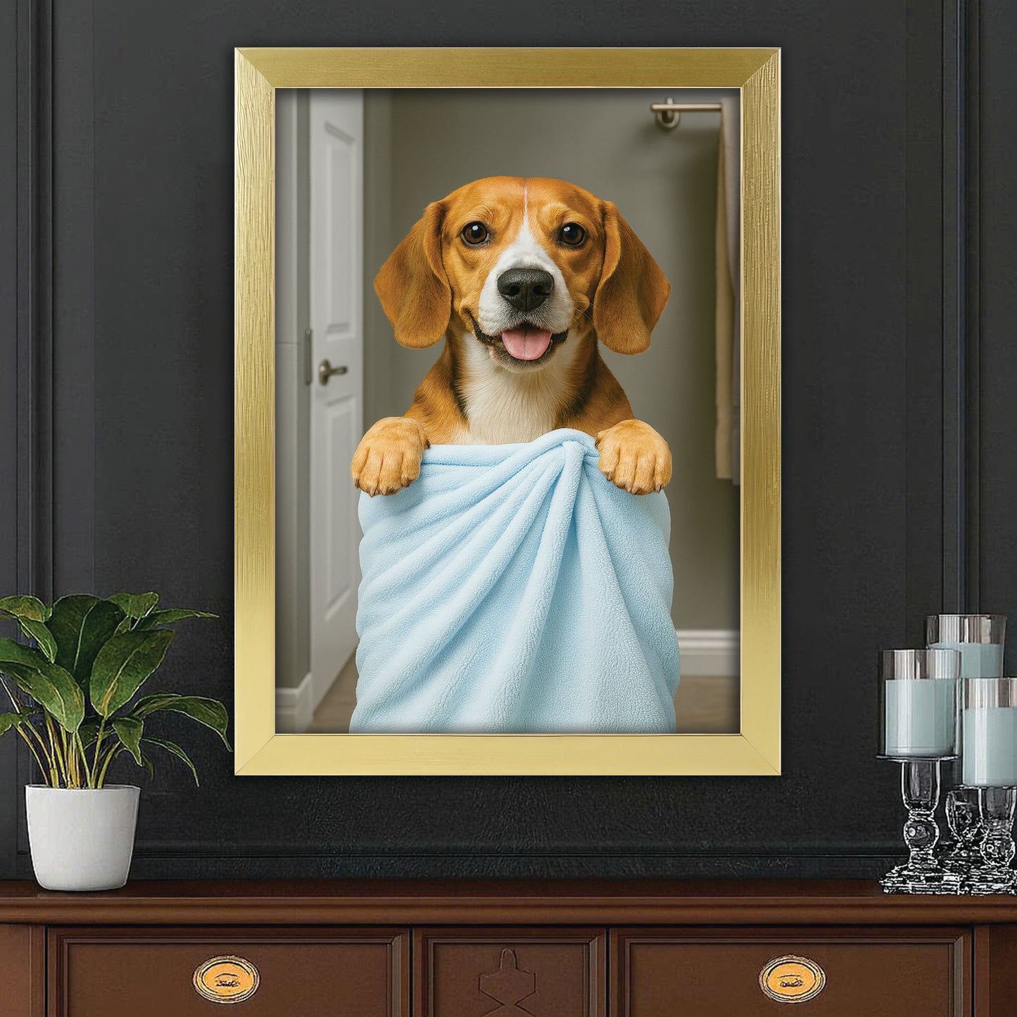 Custom Dog Photo In Bathroom Canvas Framed Wall Art Dog Lover Gifts