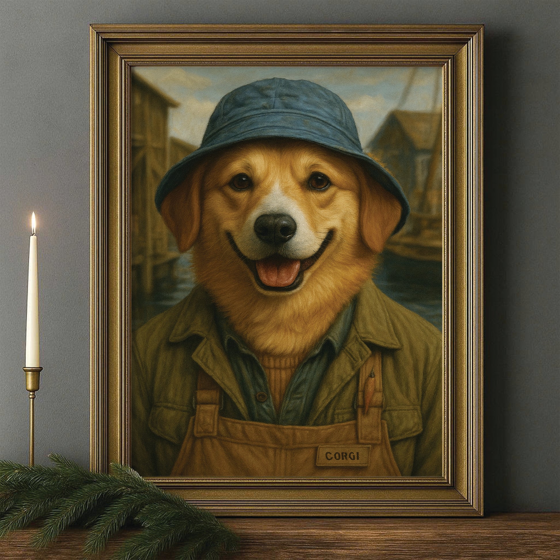 Custom Photo Fisherman Dog Canvas Framed Wall Art Gift For Dog Lovers