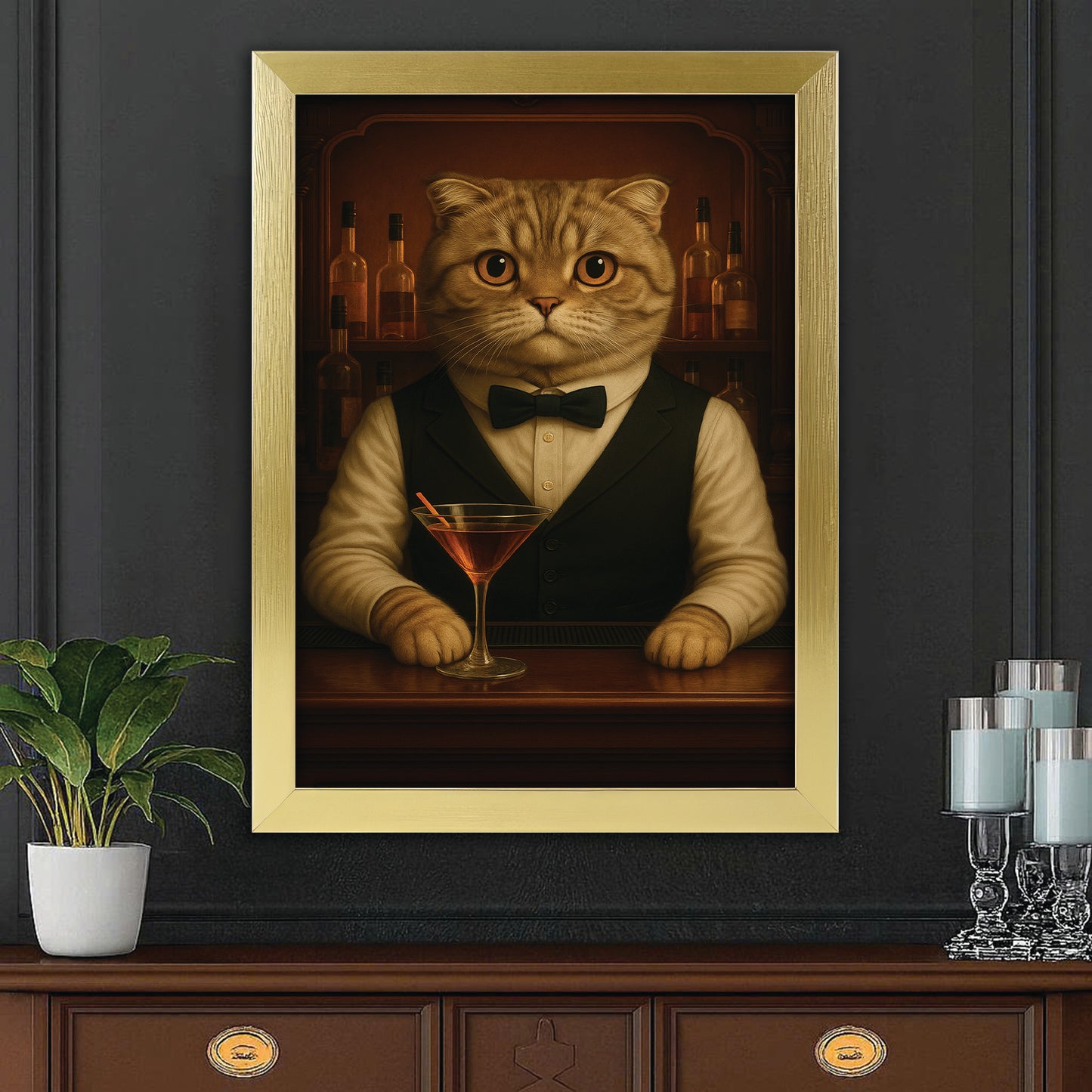 Personalized Cat Portrait Bartender Canvas Framed Wall Art