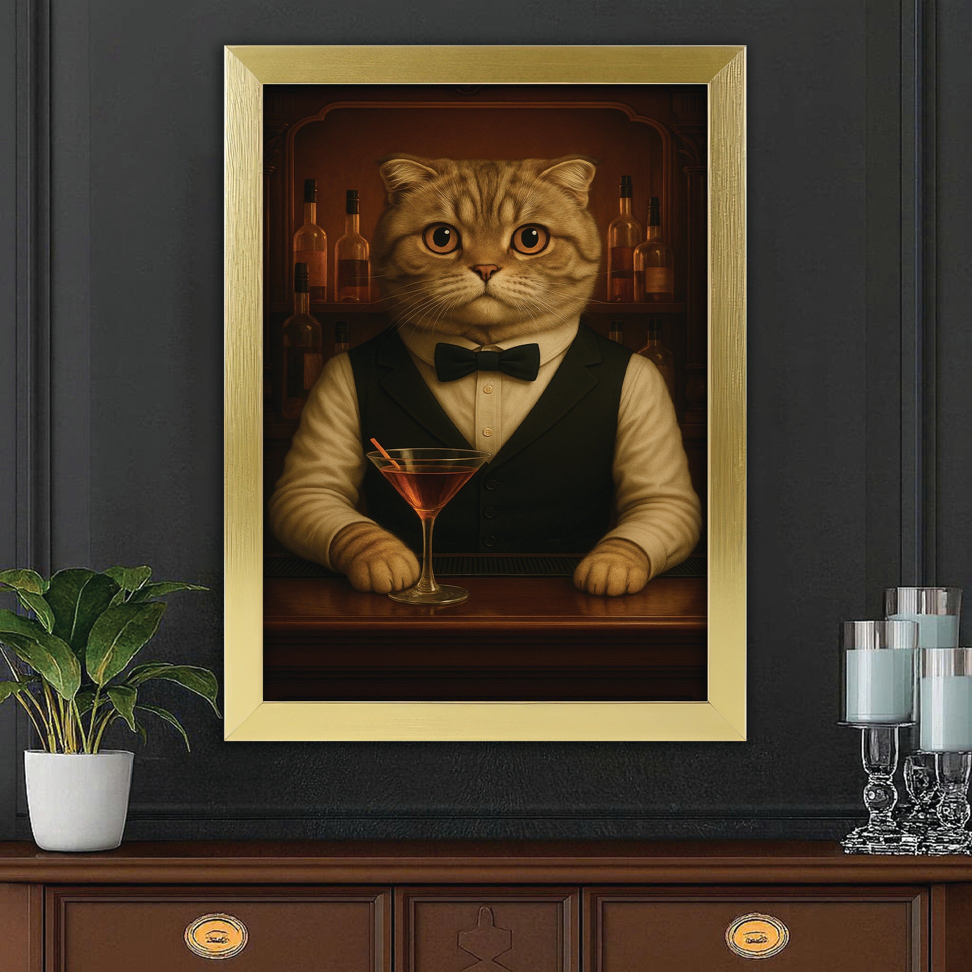 Personalized Cat Portrait Bartender Canvas Framed Wall Art