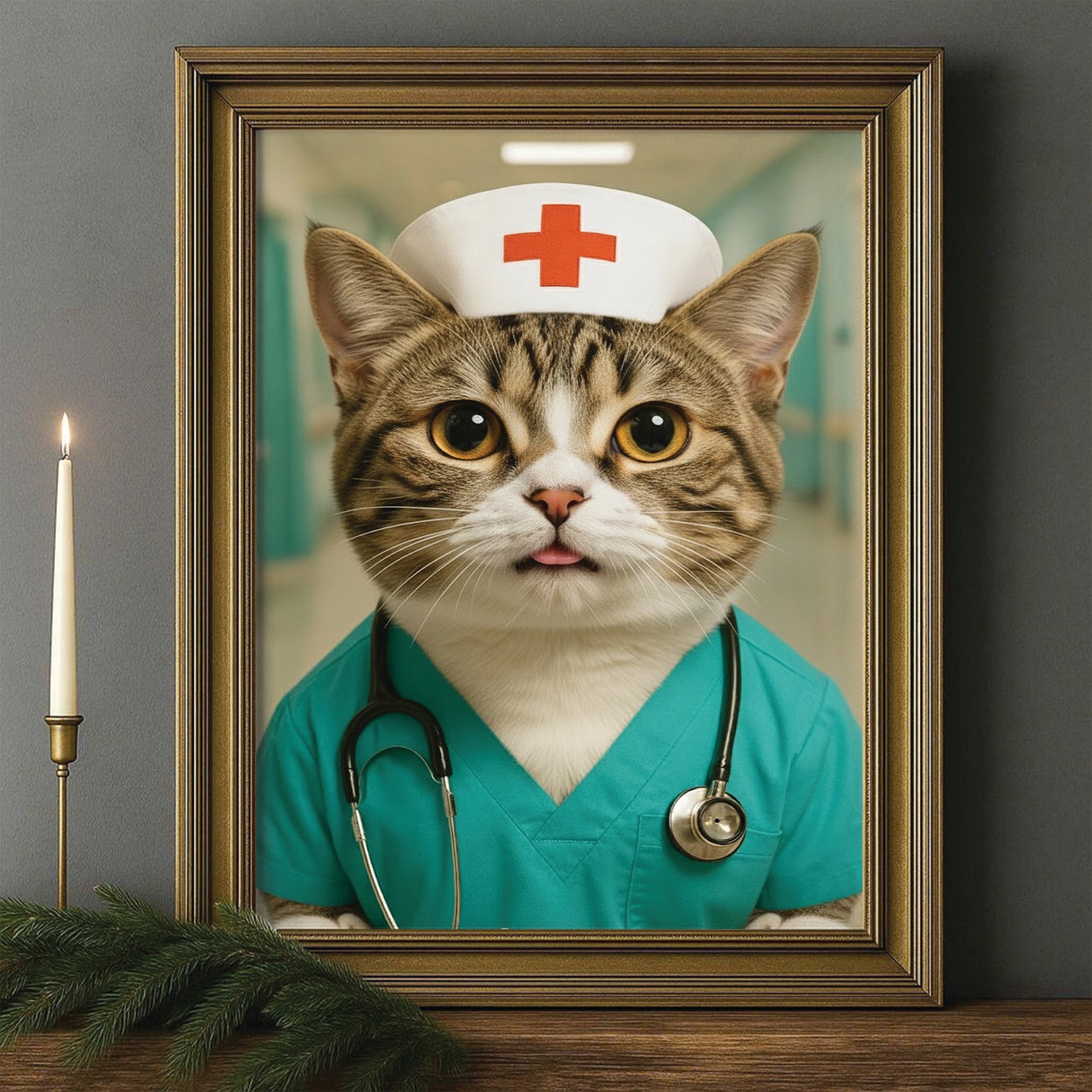 Custom Photo Nurse Cat Canvas Framed Wall Art  Gift For Cat Lovers