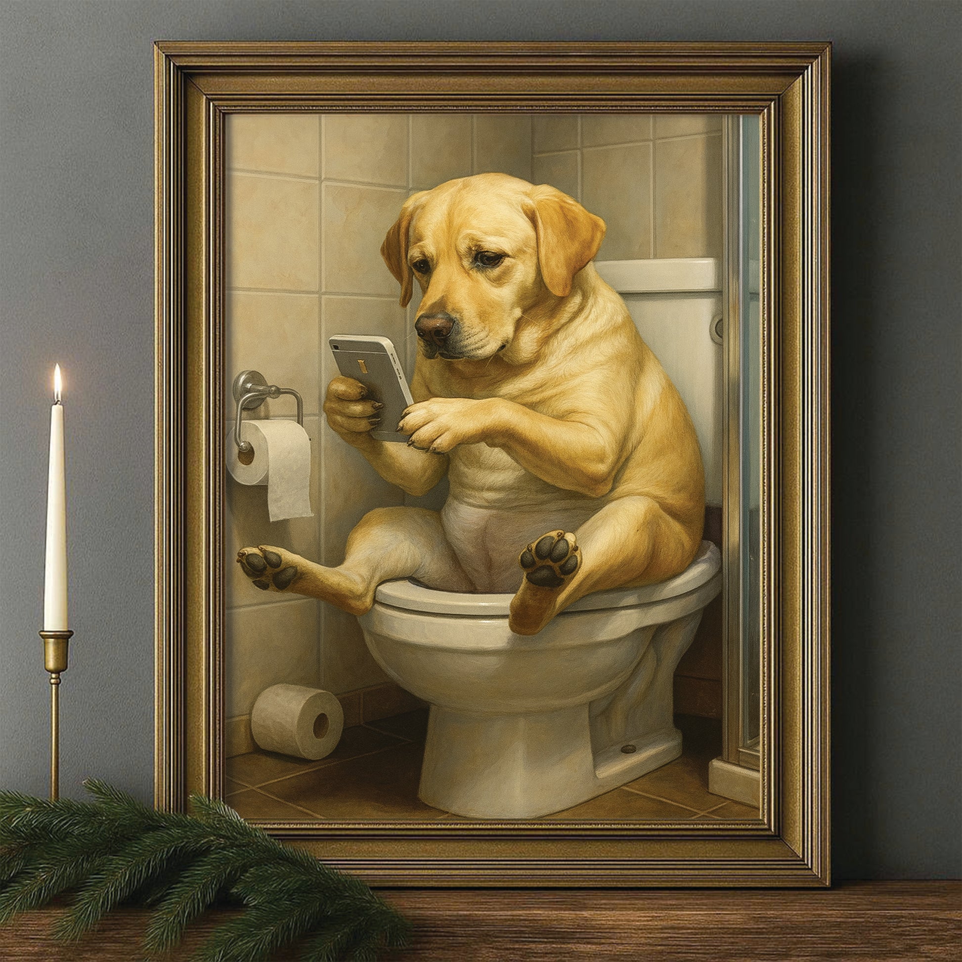 Custom Photo Dog Bathroom Style 3 Canvas Framed Wall Art Gift For Dog Lovers