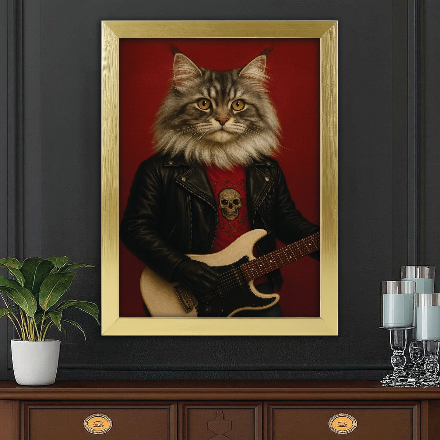 Custom Photo Guitarist Cat Canvas Framed Wall Art Gift For Cat