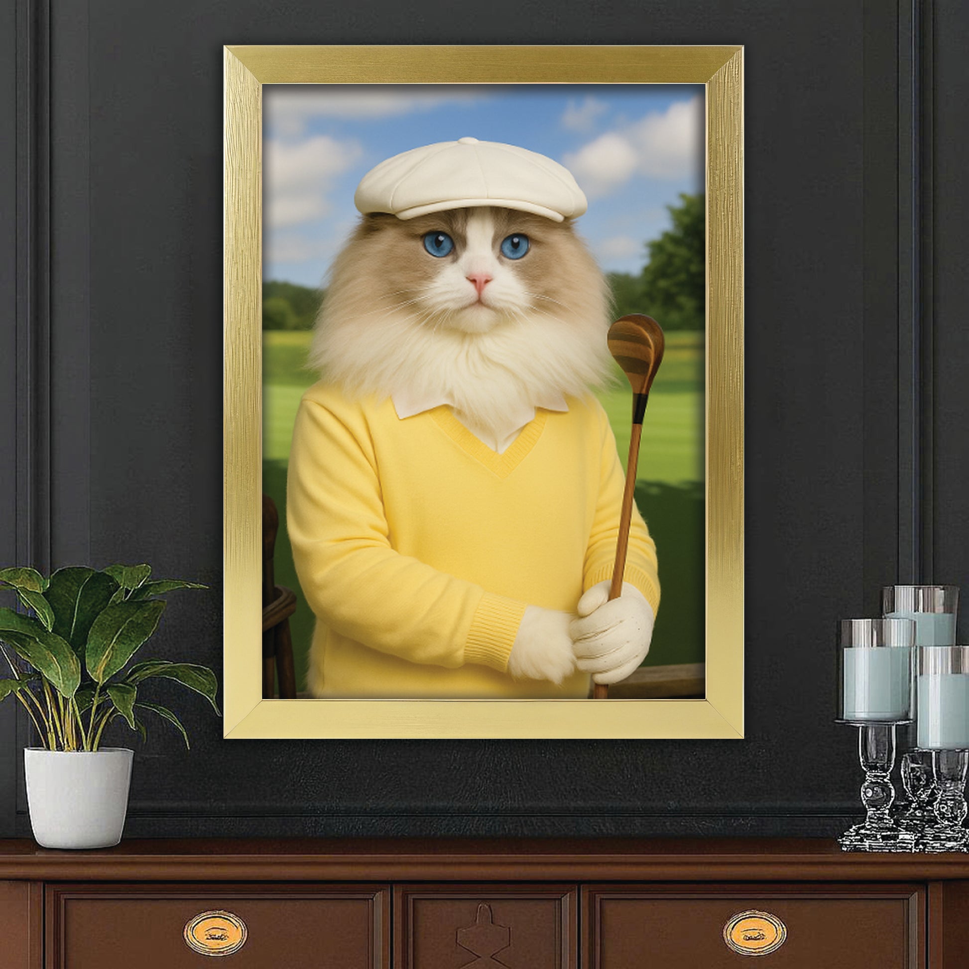 Custom Photo Golfer Cat Canvas Framed Wall Art Gift For Cat Lovers