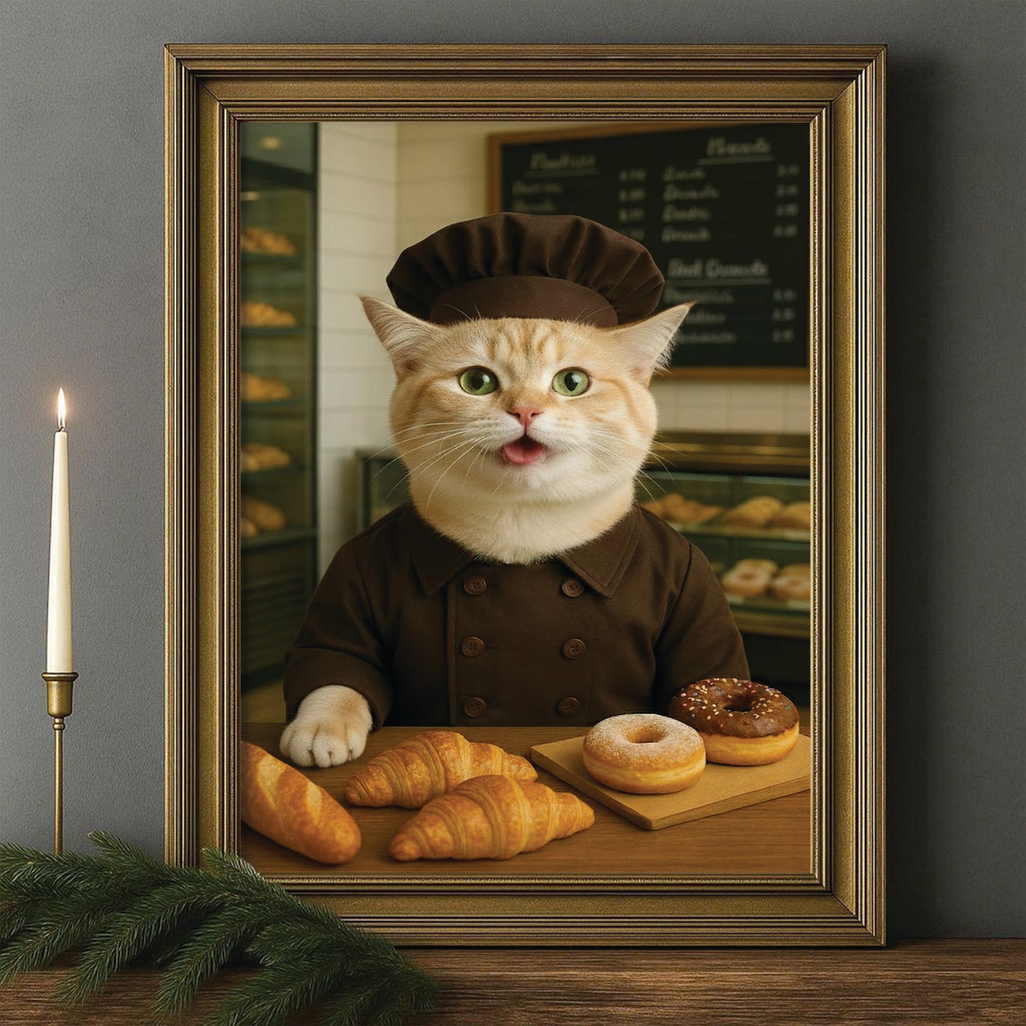 Custom Photo Baker Corgi Cat Canvas Framed Wall Art Gift For Cat Lovers