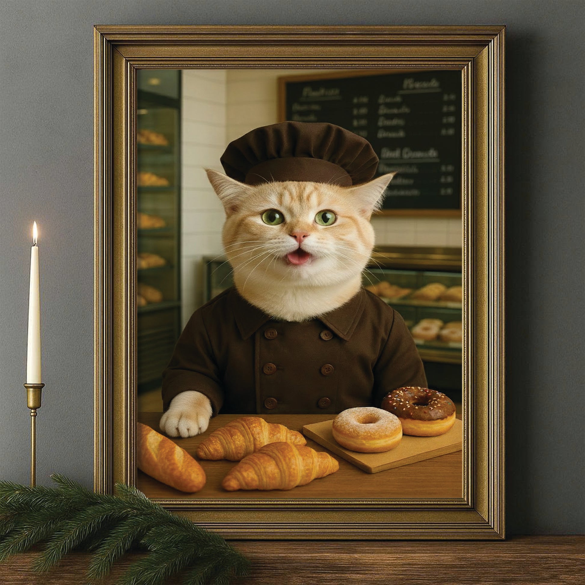 Custom Photo Baker Corgi Cat Canvas Framed Wall Art Gift For Cat Lovers