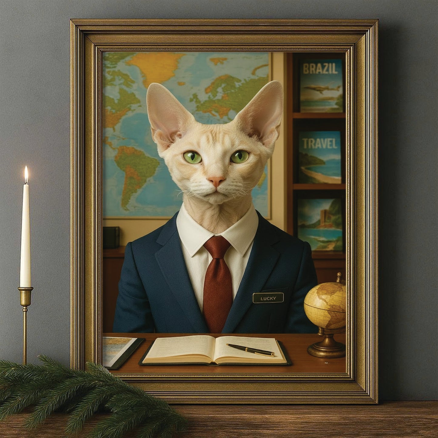 Custom Photo Travel Agent Cat Canvas Framed Wall Art Gift For Cat Lovers