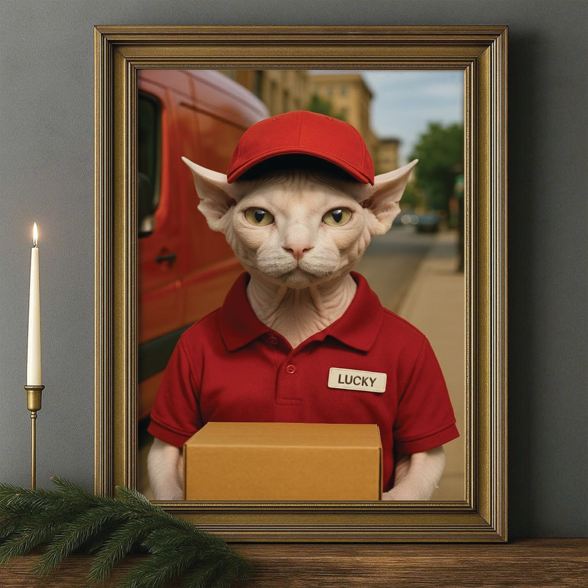 Custom Photo Courier Delivery Canvas Framed Wall Art Gift For Cat Lovers