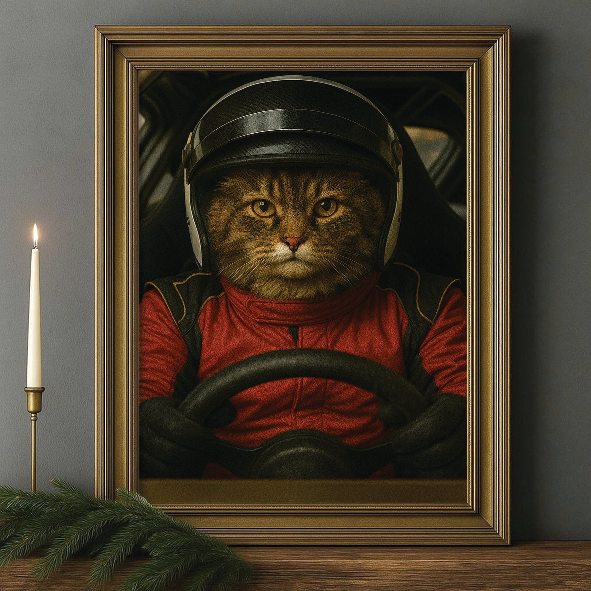 Custom Photo Racing Driver Cat Canvas Framed Wall Art Gift For Cat Lovers