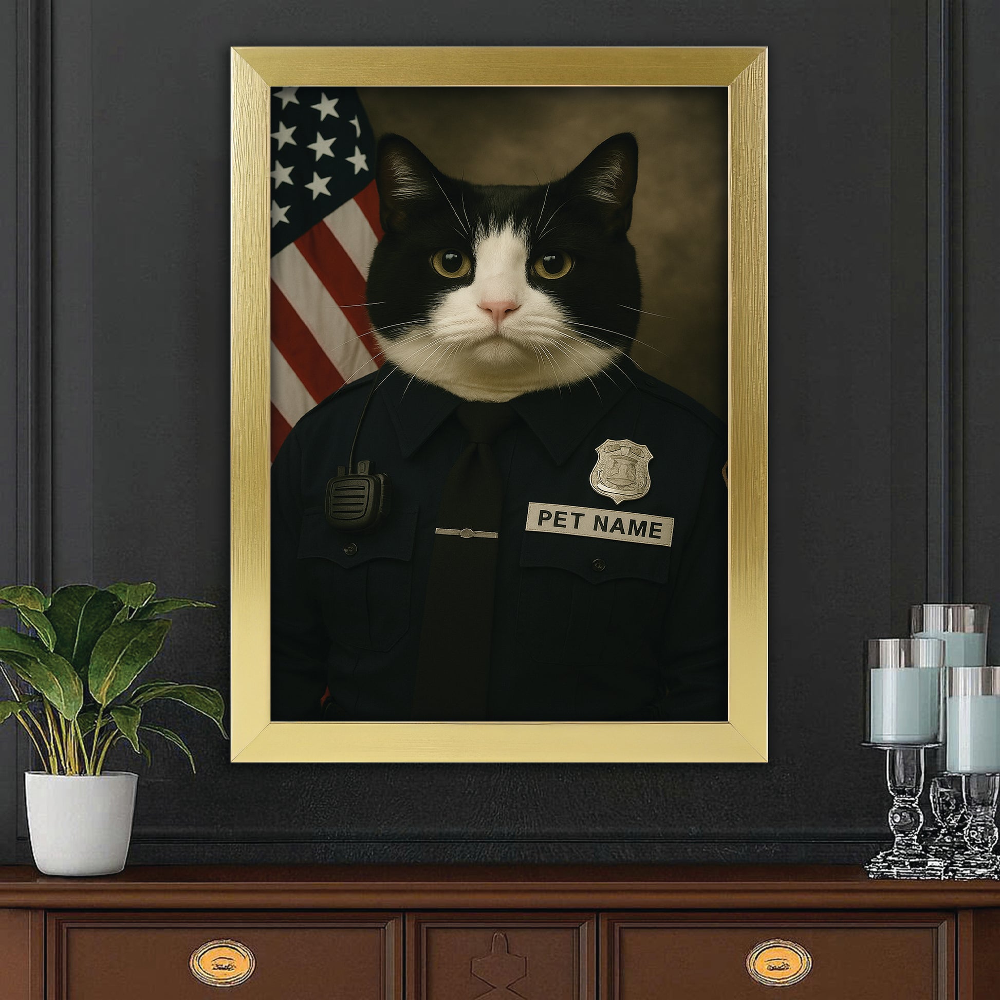 Custom Cat Photo Policeman Canvas Framed Wall Art _ Gift For Cat Lovers