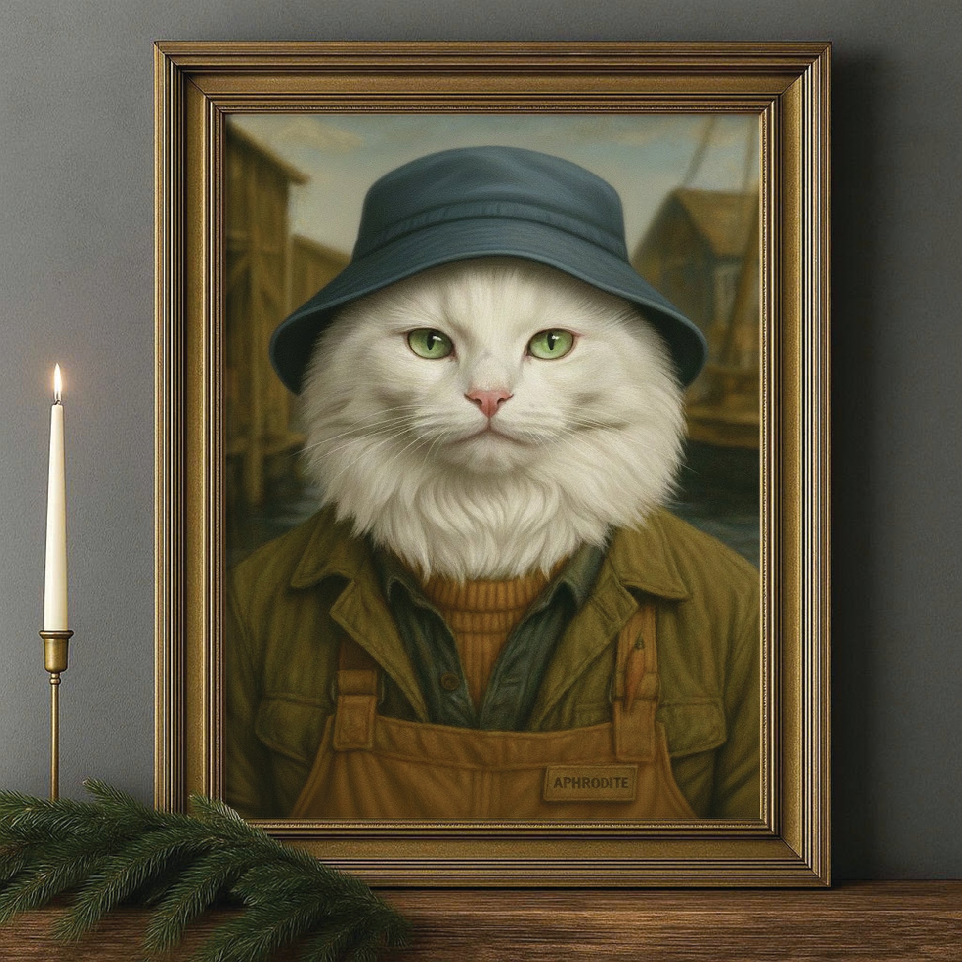 Custom Photo Fisherman Cat Canvas Framed Wall Art  Gift For Cat Lovers