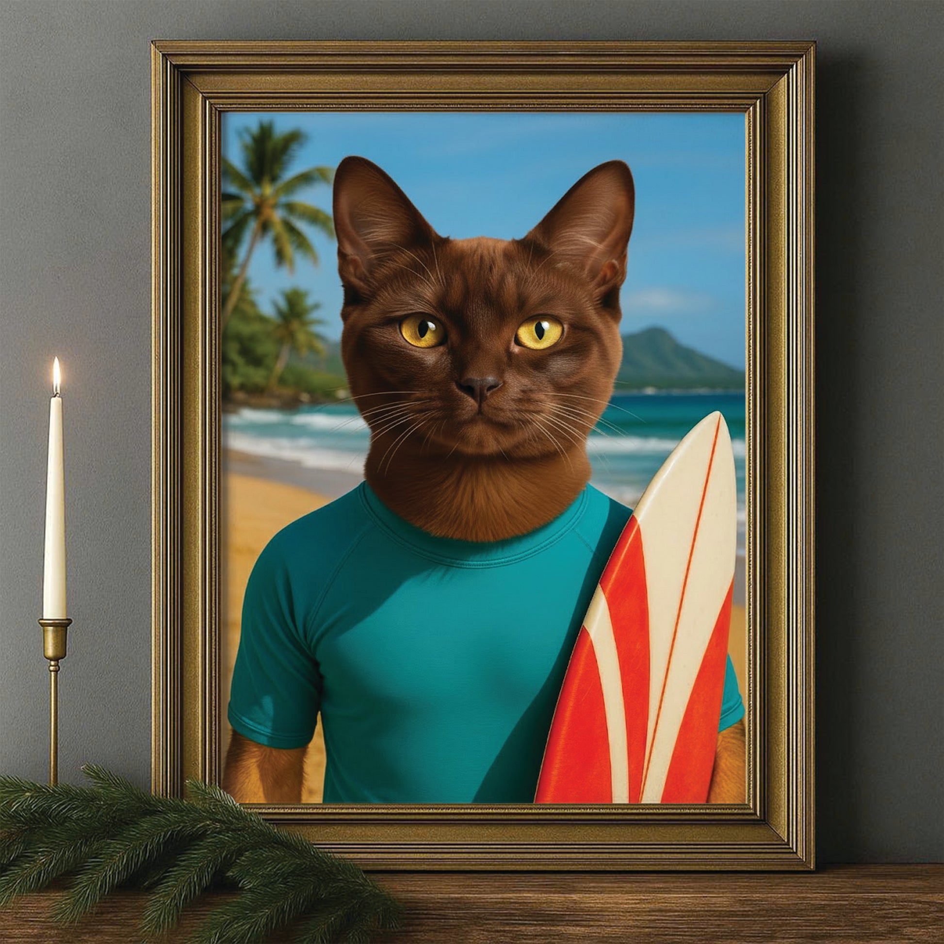 Custom Photo Surfer Beach Cat Canvas Framed Wall Art Gift For Cat Lovers