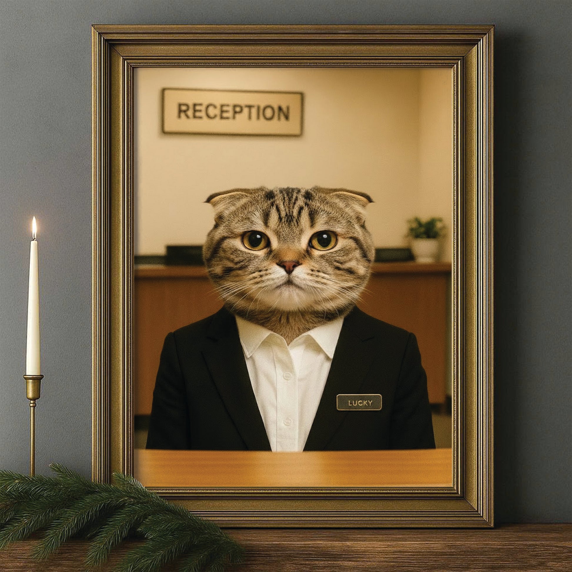 Custom Photo Receptionist Cat Canvas Framed Wall Art Gift For Cat Lovers