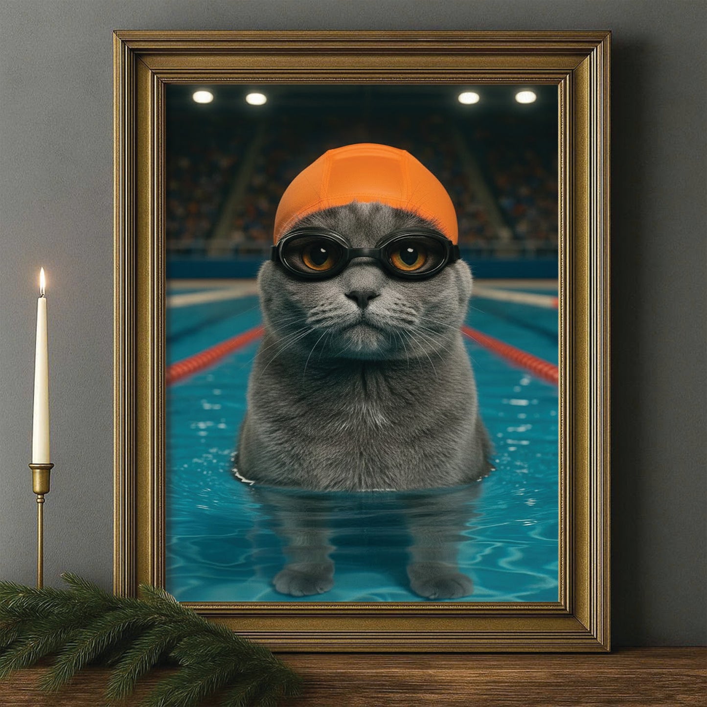 Custom Photo Swimmer  2 Cat Canvas Framed Wall Art Gift For Cat Lovers