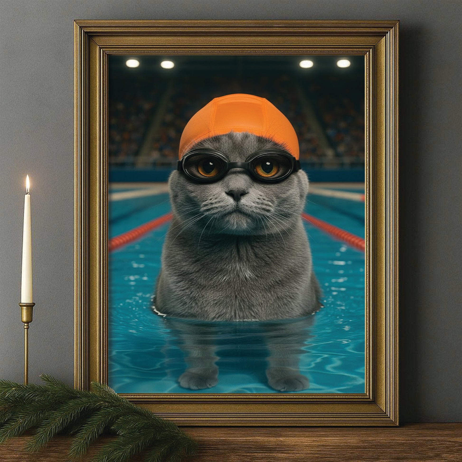 Custom Photo Swimmer  2 Cat Canvas Framed Wall Art Gift For Cat Lovers