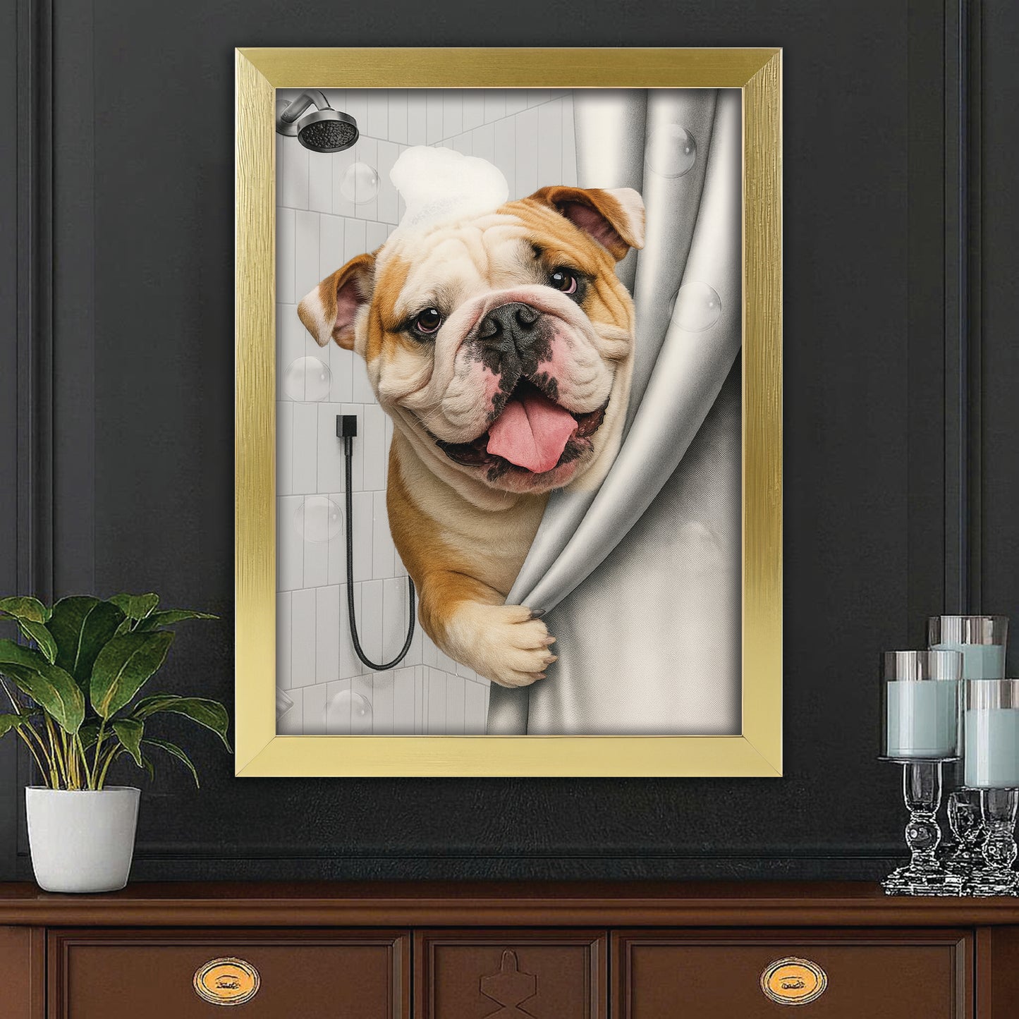Custom Dog Photo Dog In Bathroom Canvas Framed Wall Art Gift For Dog Lovers
