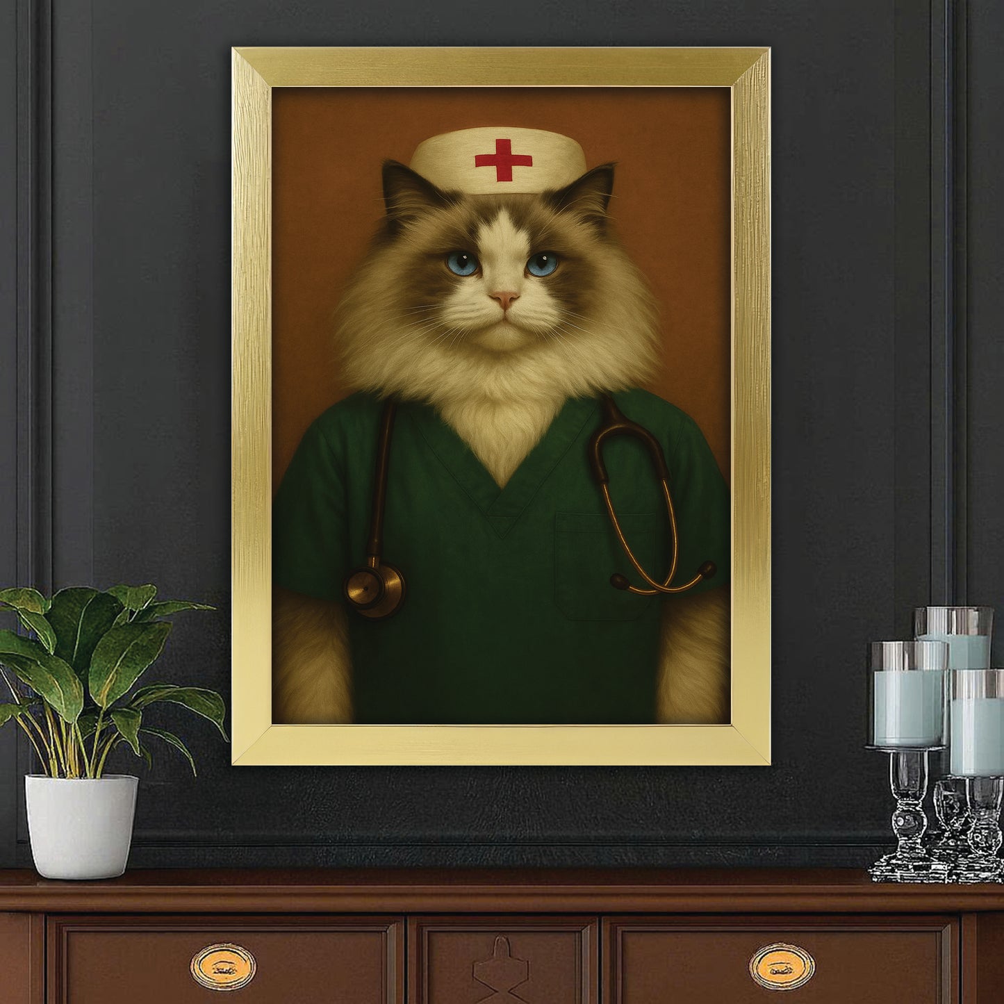 Custom Photo Nurse Cat Canvas Framed Wall Art Gift For Cat Lovers