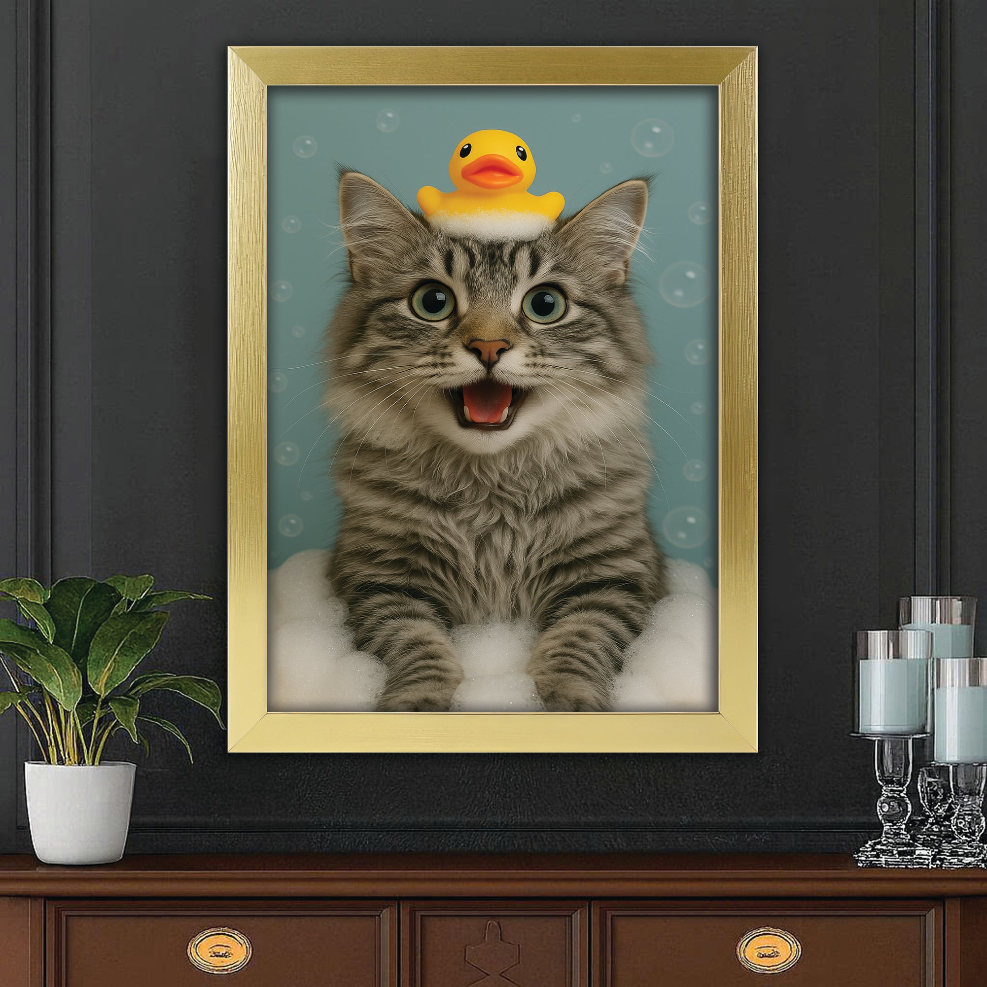 Custom Photo Cat In Bathtub With Duck Toy Canvas Framed Wall Art