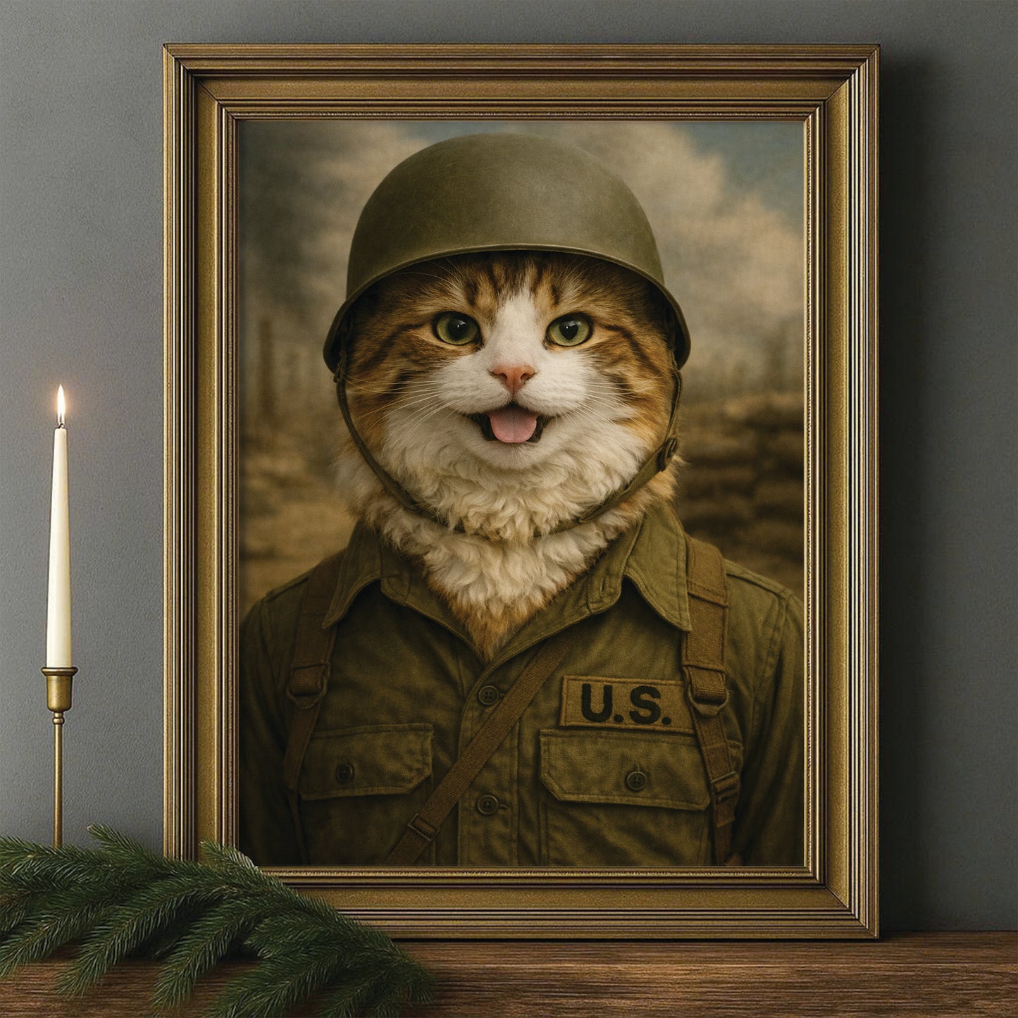 Custom Photo Military Cat Canvas Framed Wall Art  Gift For Cat Lovers