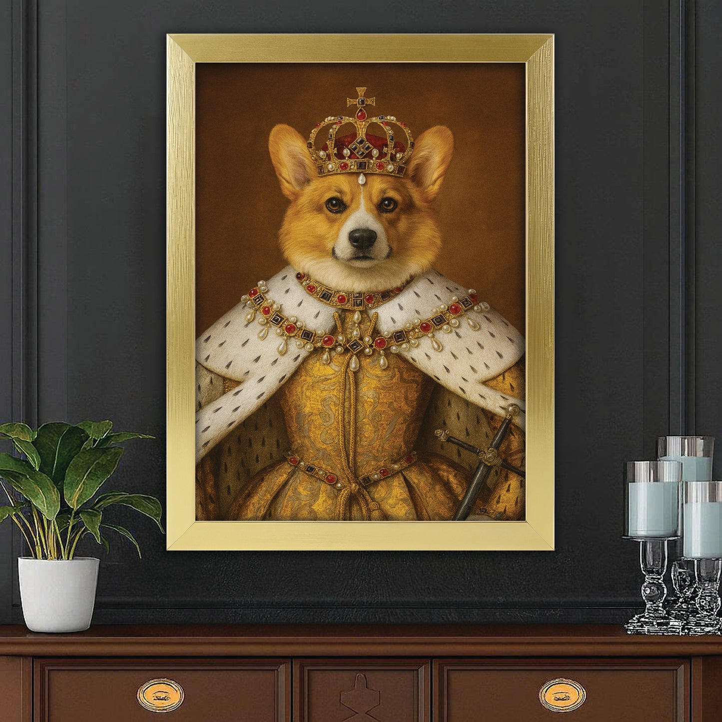 Custom Photo Crowned Queen Dog Canvas Framed Wall Art Gift For Dog Lovers