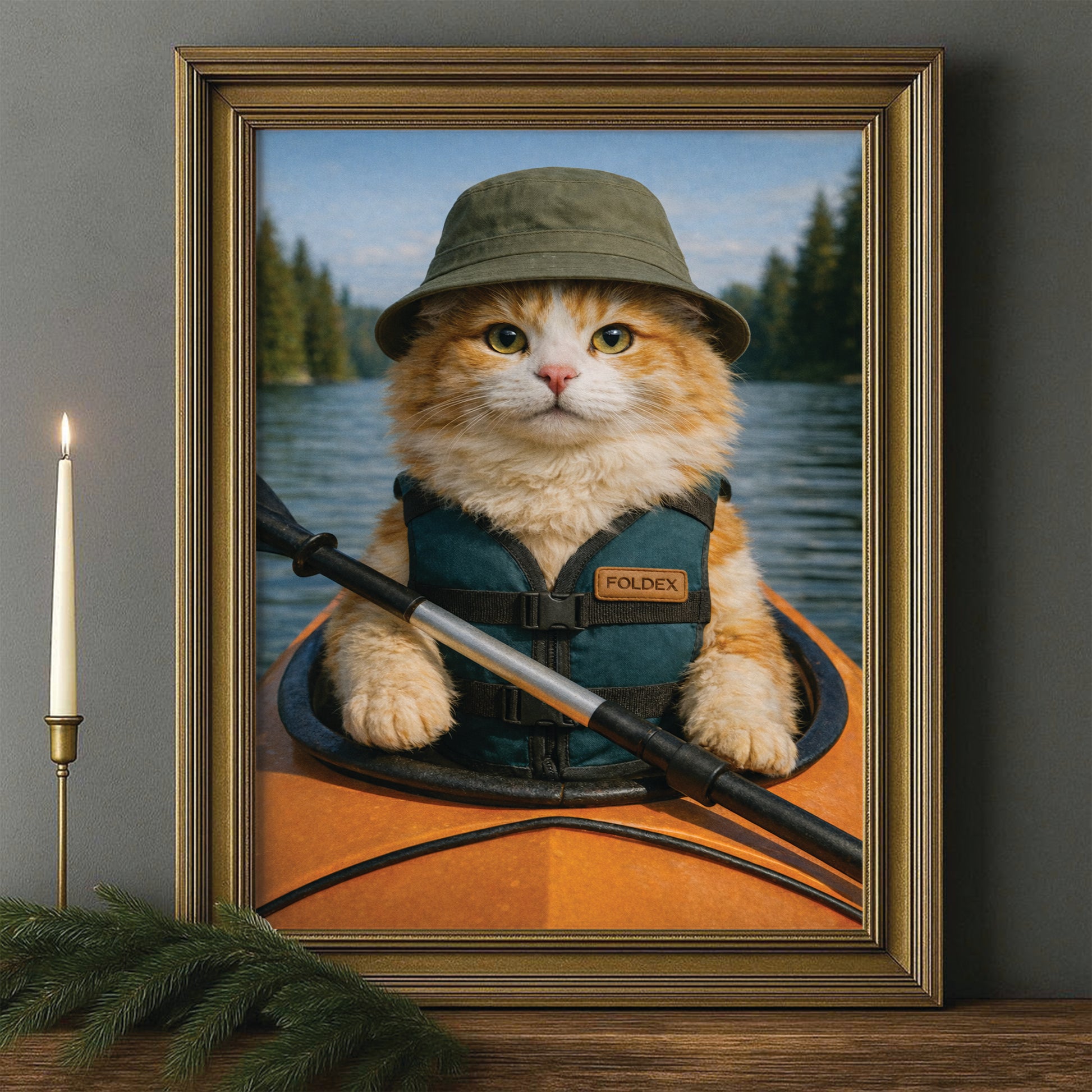 Custom Photo Kayak Cat Canvas Framed Wall Art Gift For Cat Lovers