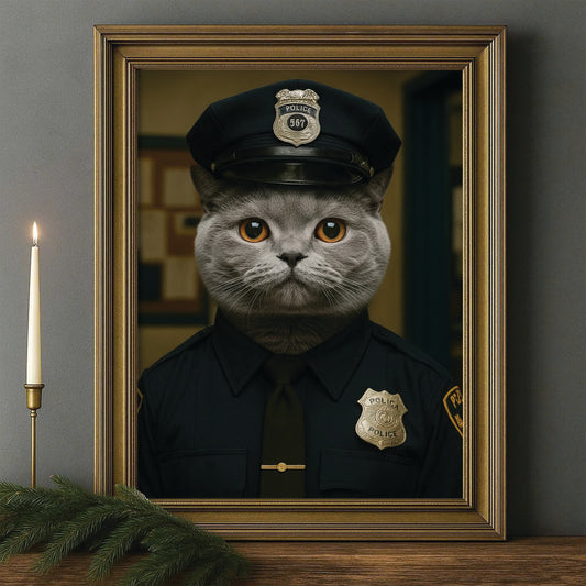 Custom Photo Police Cat Canvas Framed Wall Art  Gift For Cat Lovers