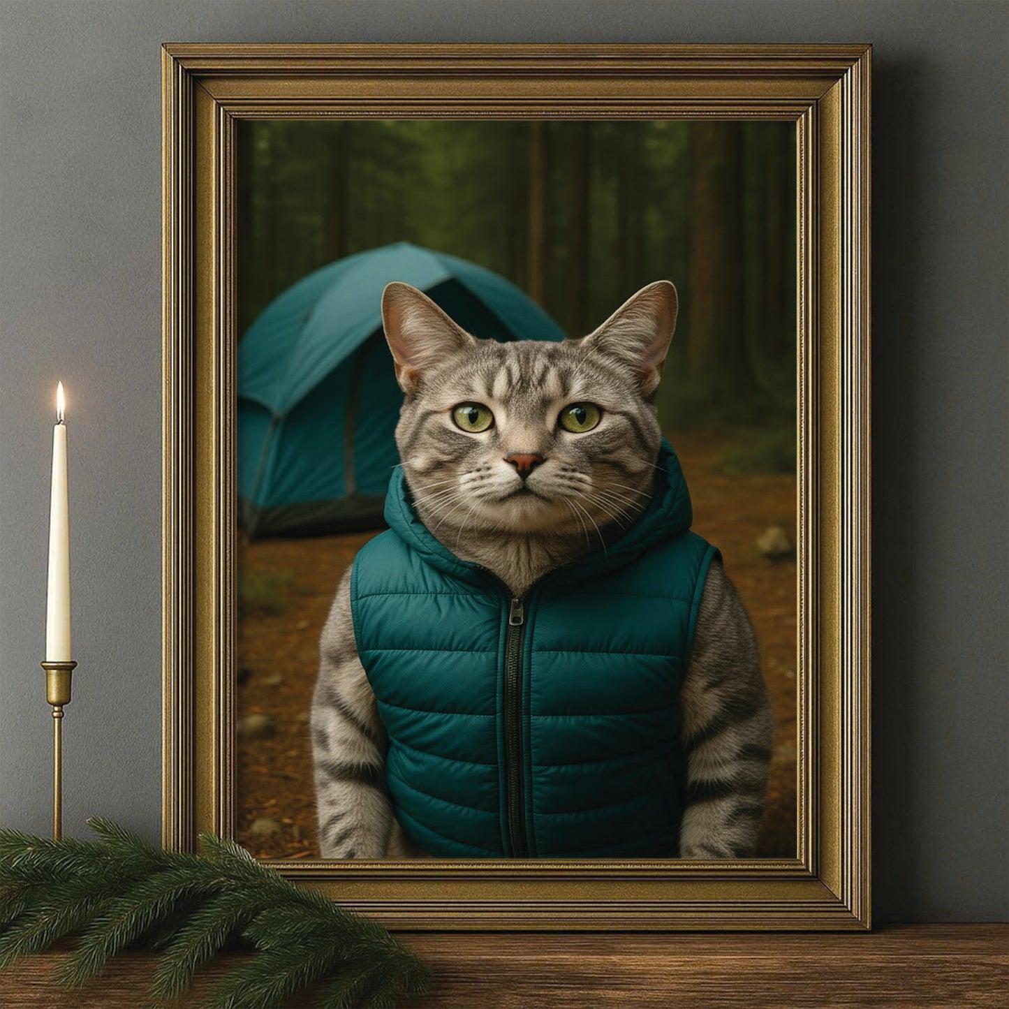 Custom Photo Cat Camping Canvas Framed Wall Art  Gift For Cat Lovers