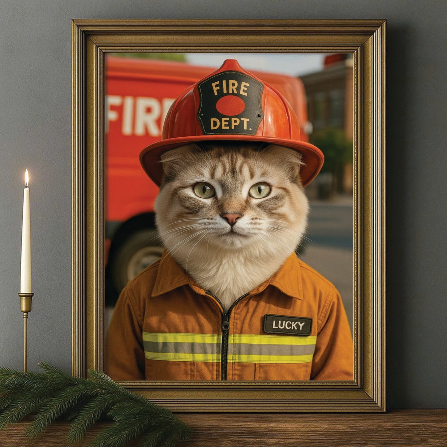 Custom Photo Fire Fighter Cat Canvas Framed Wall Art  Gift For Cat Lovers