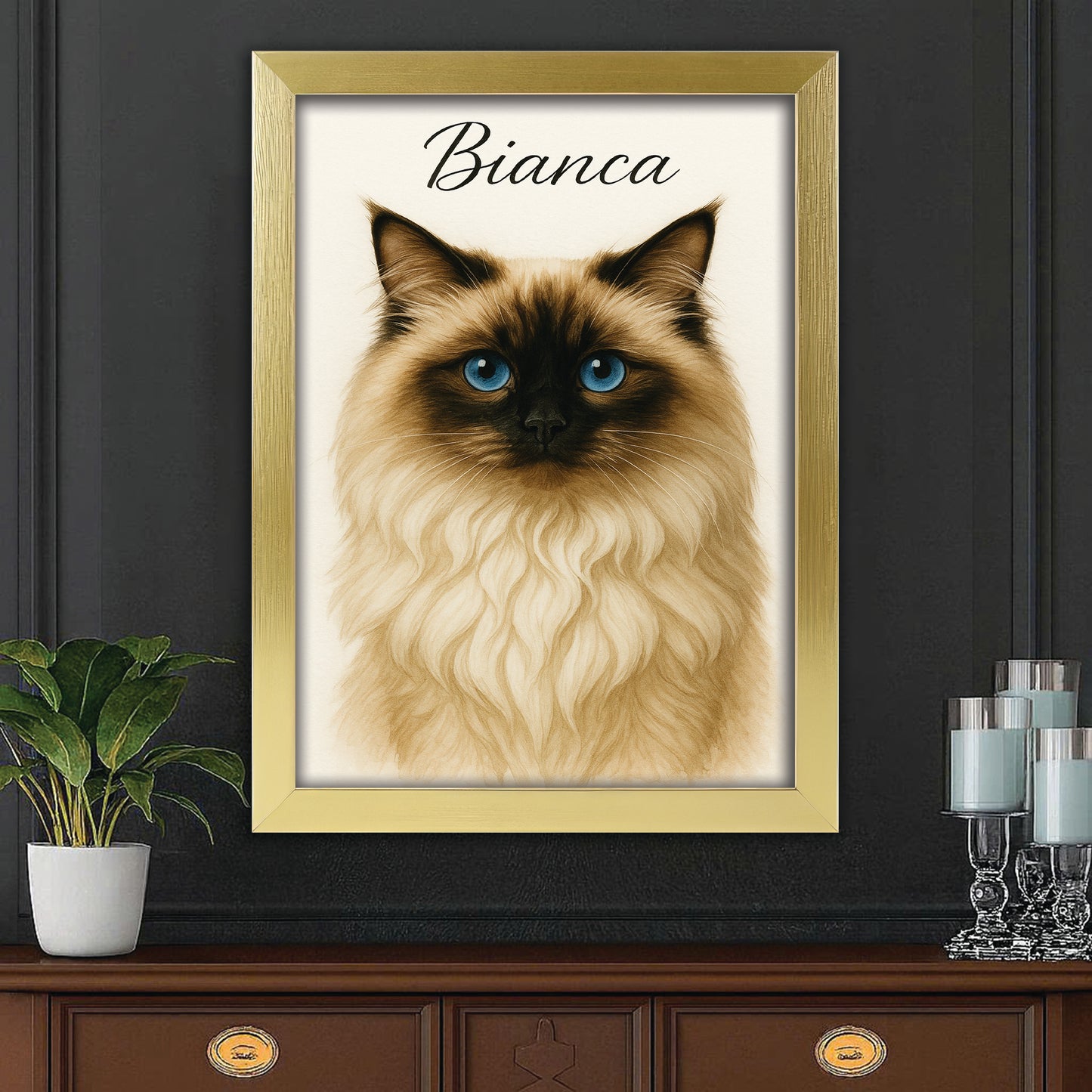 Custom Cat Portraint And With Name Canvas Framed Wall Art