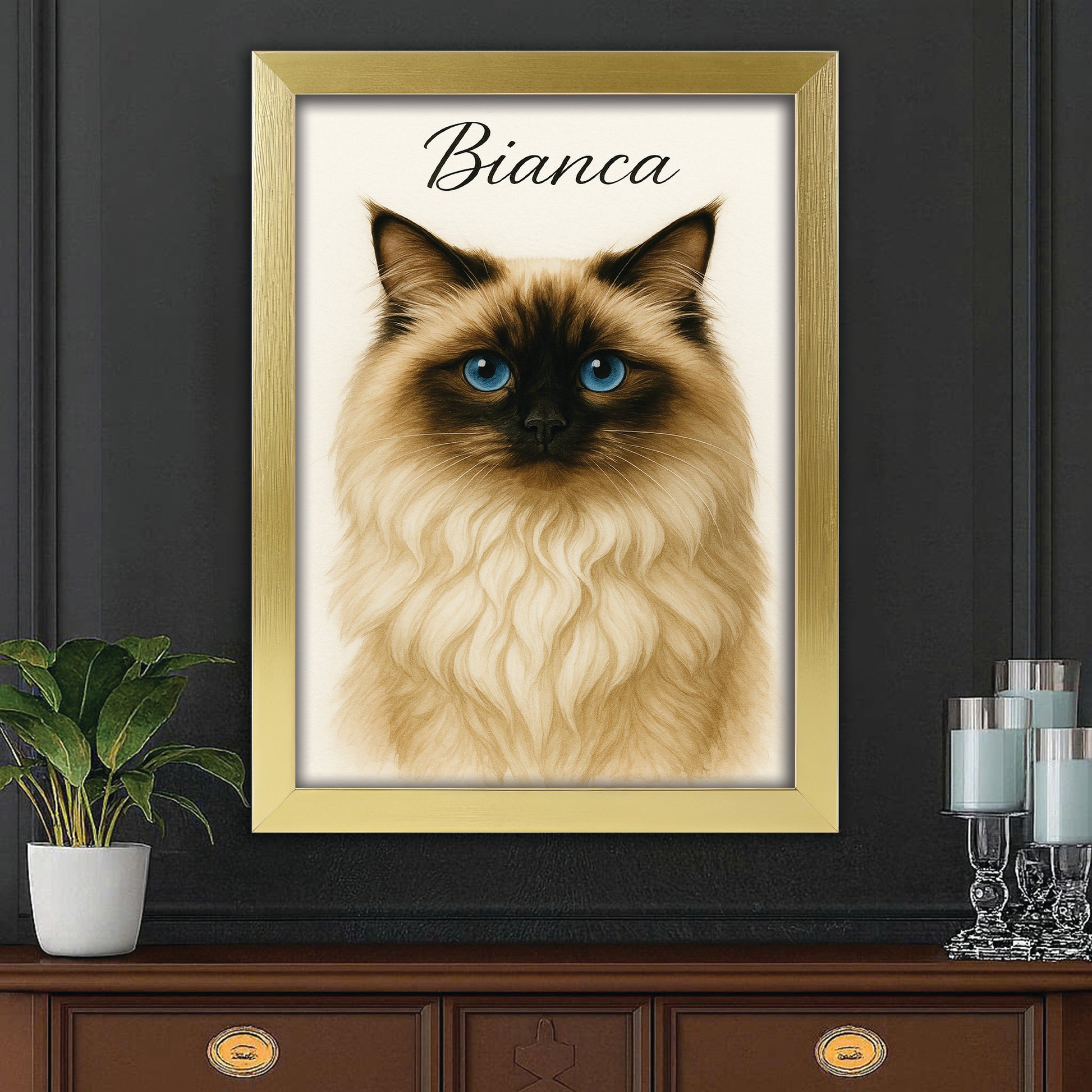 Custom Cat Portraint And With Name Canvas Framed Wall Art