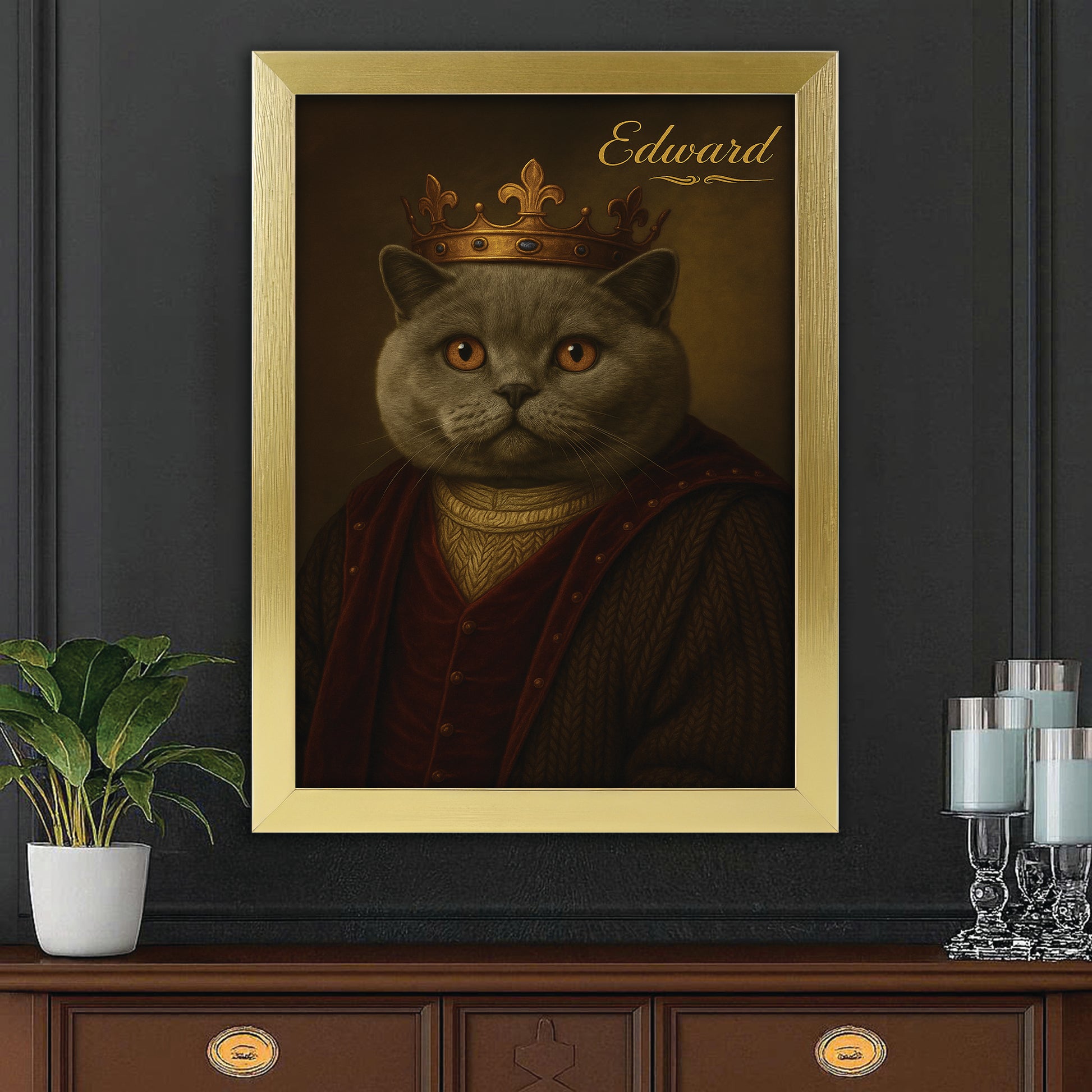 Custom Photo Crown King Cat Canvas Framed Wall Art Gift For Cat Lovers