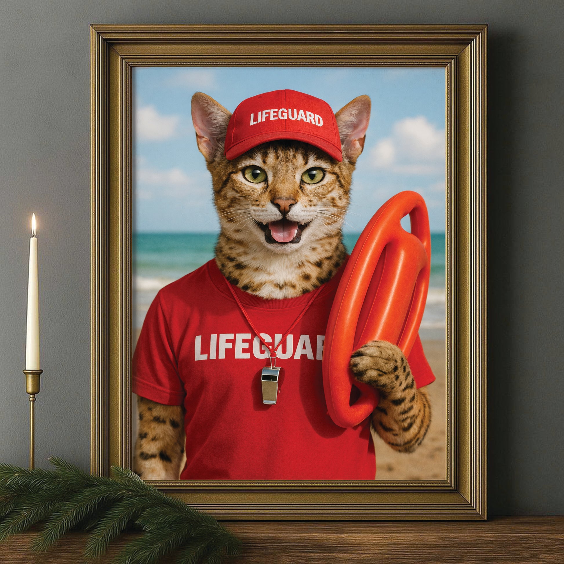 Custom Photo Lifeguard Cat Canvas Framed Wall Art Gift For Cat Lovers