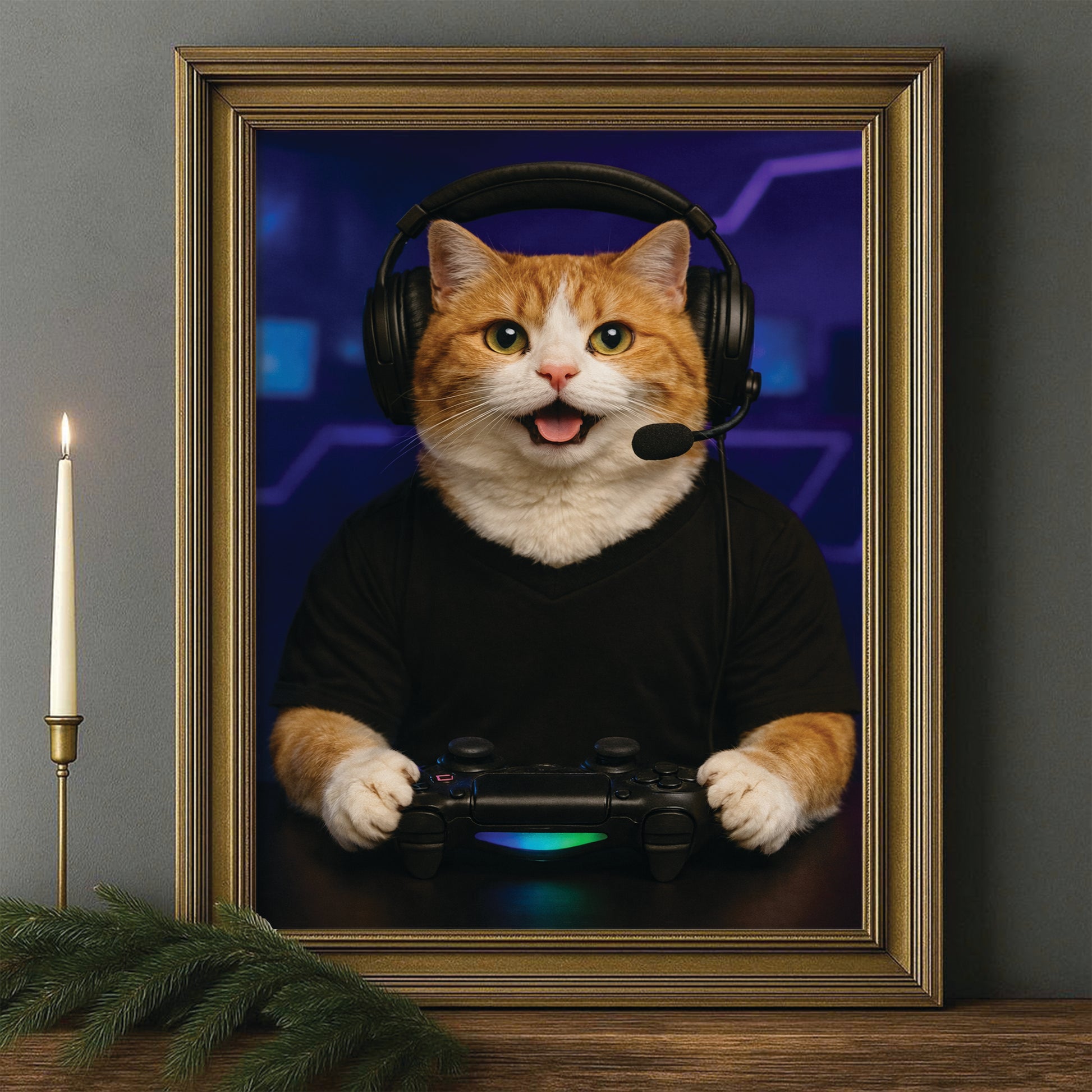 Custom Photo Gamer Cat Canvas Framed Wall Art  Gift For Cat Lovers