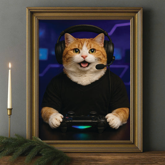 Custom Photo Gamer Cat Canvas Framed Wall Art  Gift For Cat Lovers